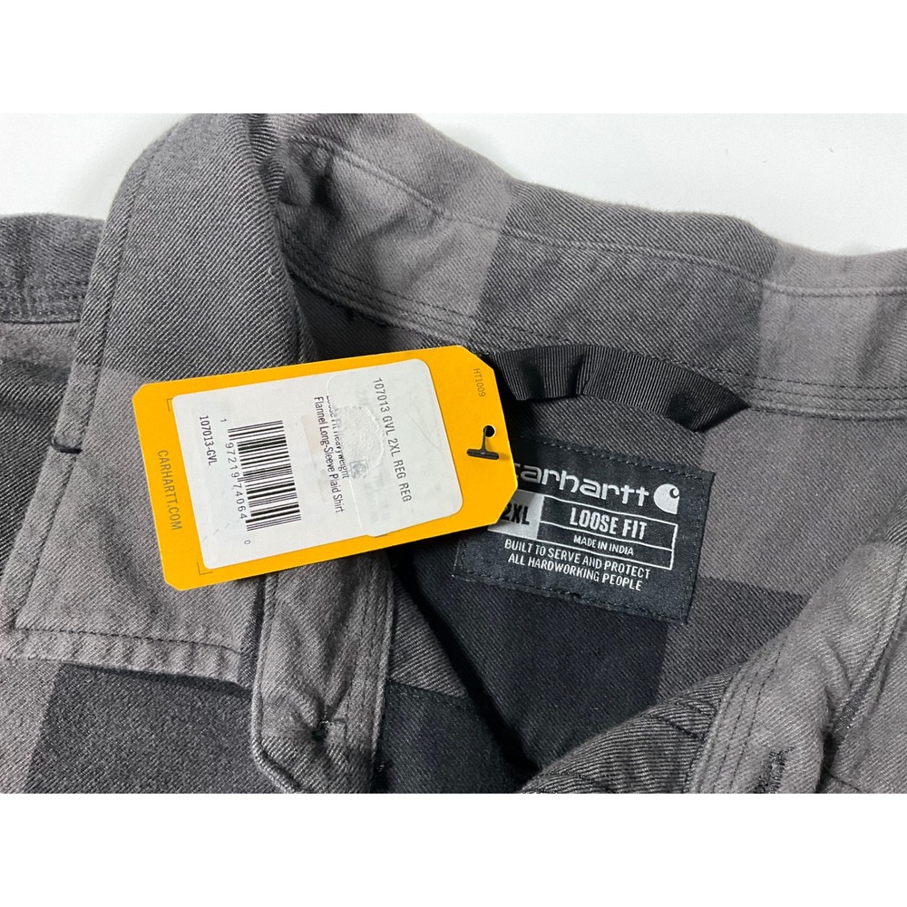 Carhartt Mens 2XL Loose Fit Heavyweight Flannel Long Sleeve Plaid Shirt Gravel - Picture 13 of 15